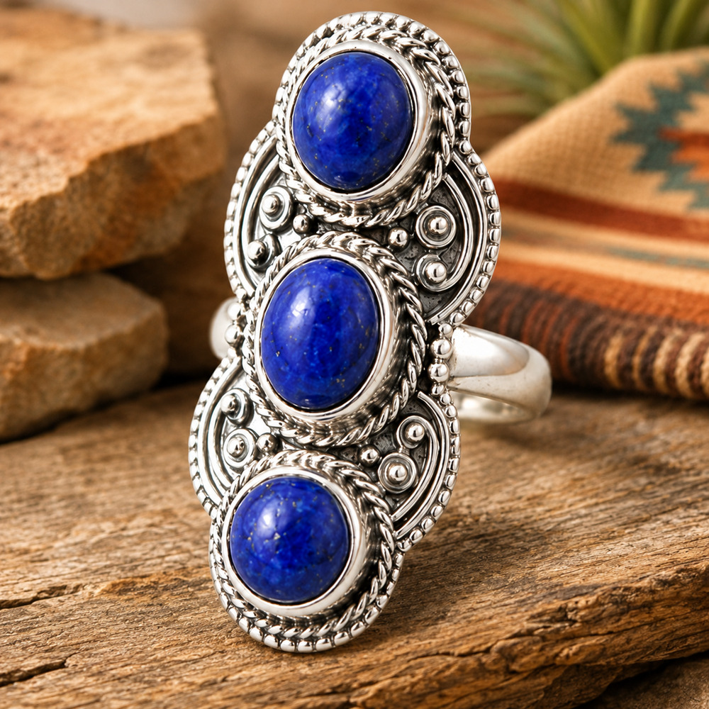 Sterling Silver Lapis Lazuli Ring Size 7 Triple Stone Saddle Boho Desert Chic